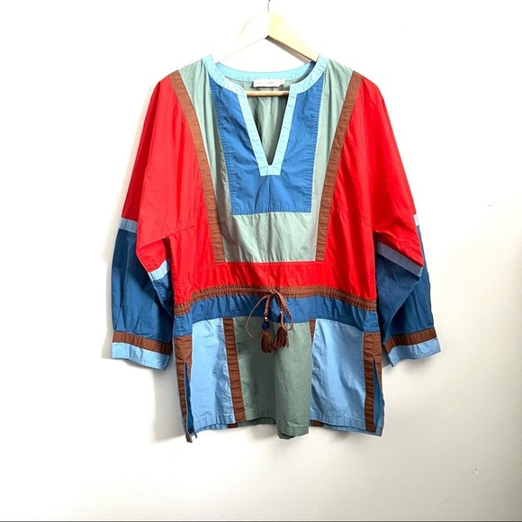 Tory Burch Colorblock Poplin Tunic Top V-Neck 3/4 Sleeve Tie Waist Tasseled - Picture 2 of 11